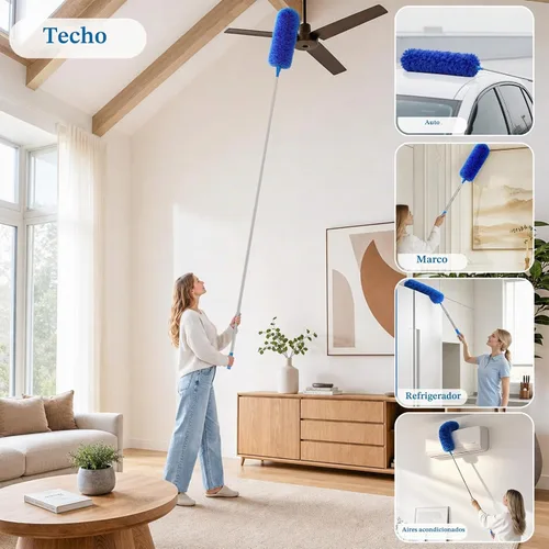 Vista 3 de Plumero de telaraña con poste de extensión de 100 pulgadas, plumeros para limpieza con 2 cabezales de plumero, plumero de microfibra lavable