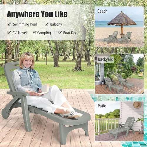 Vista 8 de Giantex Tumbona reclinable con ruedas para patio, tumbona plegable con reposabrazos, 5 posiciones ajustables para piscina, patio, jardín, tumbona