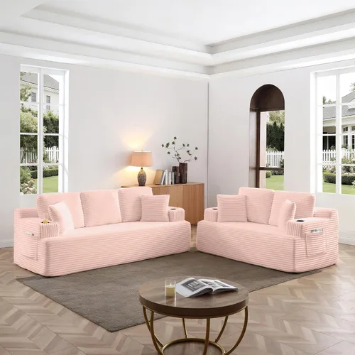 Vista 45 de Sofá sin hueso de 66.5 pulgadas con portavasos y bolsillos laterales, sofá biplaza tapizado de tela de pana moderna con 2 almohadas para sala