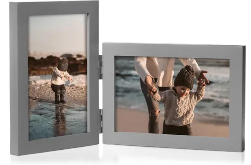 Vista 30 de Marco de fotos doble de 4 x 6 pulgadas con bisagras horizontales, marco de fotos plegable en madera de pino negro con vidrio real para mesa