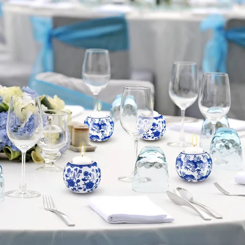 Vista 6 de Soaoo Paquete de 2 Portavelas Azules y Blancos Decoración Chinoiserie Portavelas de Porcelana para Velas de Té Portavelas Votivos para Vacaciones