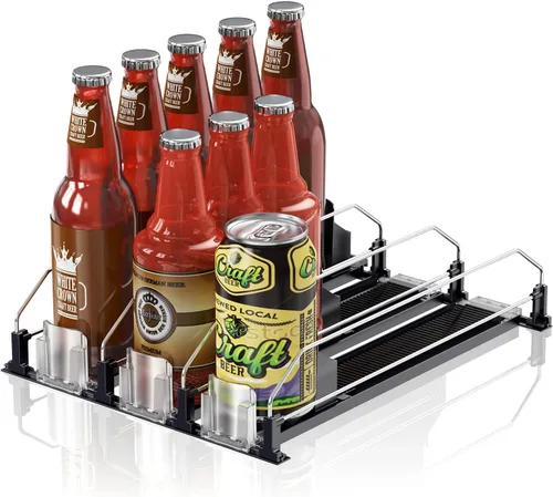 Vista 9 de Organizador de Bebidas para Refrigerador, 12oz 16oz 20oz - Dispensador de Latas de Refresco para Refrigerador, Ancho Ajustable, Deslizador Negro