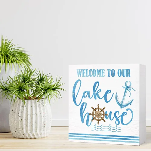 Vista 7 de Letrero de madera con texto en inglés "Welcome to Our Lake House" para decoración de casa con temática de lago, decoración de escritorio