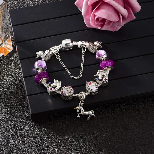 Vista 2 de YOUFENG Pulsera de Dijes de Cuentas de Amor para Mujeres Cadena de Serpiente Dije de Unicornio Dijes de Flores Pulseras Regalos de Cumpleaños