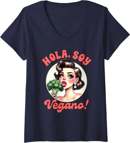 Vista 3 de Womens Vegan Life Vegetarian Broccoli Spanish Hola Soy Vegano V-Neck T-Shirt