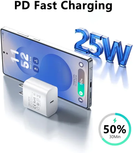 Vista 2 de Paquete de 3 cargadores tipo C con cable de 1.8 m de carga rápida para iPhone 17/16/15, bloques de carga USB C de 25 W súper rápidos para Samsung