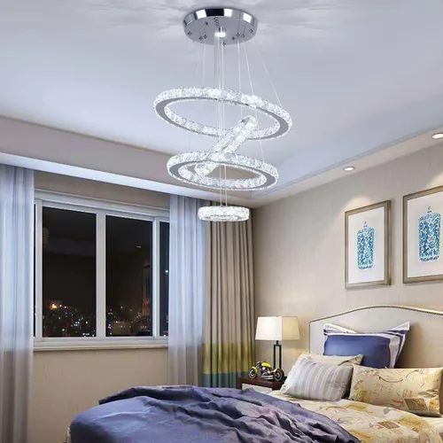 Vista 2 de Candelabros de cristal modernos con anillos LED, luz colgante ajustable, lámpara de techo de acero inoxidable para sala de estar, comedor y Blanco