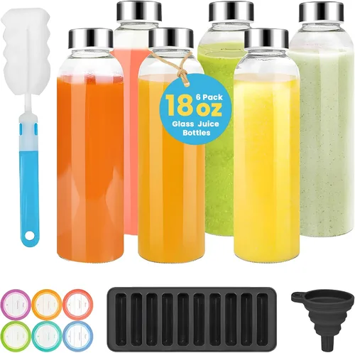 Vista 11 de PROBTTL Botellas de vidrio para jugo de 18 onzas con tapas, botellas de agua de vidrio transparente recargables con tapas herméticas de acero