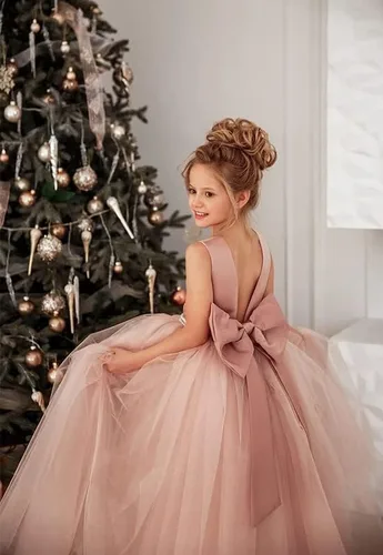 Vista 4 de Vestido de niña de flores para boda, espalda abierta, sin mangas, de tul de princesa, vestido de baile con nudo de lazo