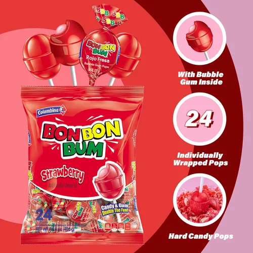 Vista 5 de Colombina Bon Bon Bum - Paletas de fresa, caramelos duros de frutas, paletas de fresa dulces envueltas individualmente, 24