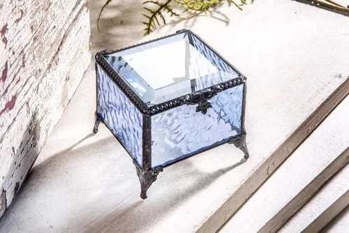 Vista 2 de Caja de cristal azul decorativa para joyería con anillo de exhibición, pulsera, aretes, organizador de almacenamiento, regalo de recuerdo para mamá