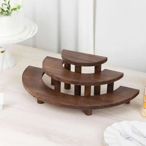 Vista 8 de Efavormart - Juego de 3 pedestales de postre semicírculo de madera marrón rústica de 3 niveles, elevadores de exhibición de cupcakes de media luna