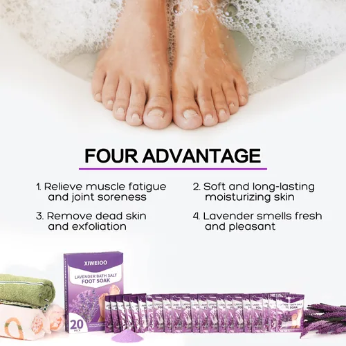 Vista 4 de Sales de remojo de pies con sal de Epsom para remojar lavanda kit de pedicura para baño de pies, paquete de 20 sales marinas de baño, pedicura
