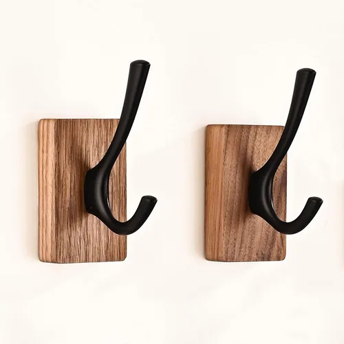 Vista 9 de Perchero de pared pequeño de madera de nogal de 17.3 pulgadas con 4 ganchos, colgador de chaquetas de madera resistente montado en puerta