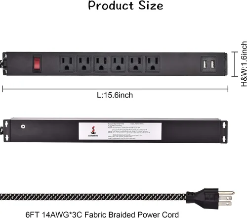Vista 6 de Regleta de alimentación de metal para montaje en pared con 2 puertos USB, protector de sobretensiones 300J, cable de extensión de 6 pies