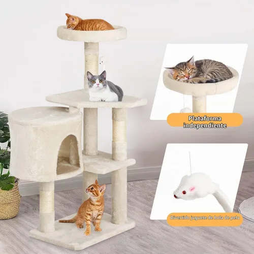 Vista 4 de BestPet Torre para Gatos de 36" Beige Torre Resistente para Gatos de Múltiples Niveles con Casita de Felpa, Percha Acogedora, Postes