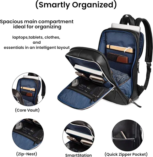 Vista 3 de LEATHER VILLAGE Mochila de cuero para hombre Bolsa de negocios profesional delgada que se adapta a mochila de trabajo y viaje de 15.6 pulgadas
