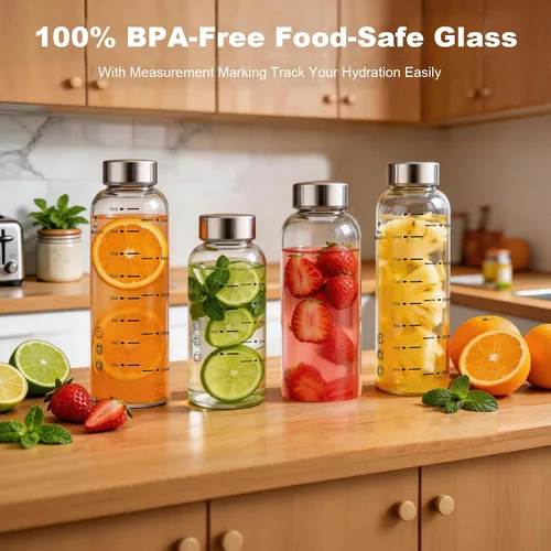 Vista 7 de Botellas de agua de vidrio Olivego con tapas 17 oz, botellas de jugo transparentes con tapa de acero inoxidable, botella de vidrio reutilizable