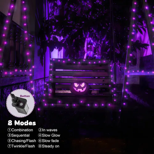 Vista 4 de WBao - Cadena de luces LED para Halloween de 300 luces, 108 pies, luces LED súper brillantes con certificación UL, 8 modos de iluminación