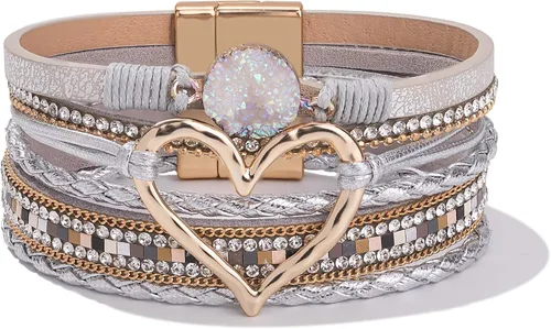 Vista 16 de Pulseras de cuero con corazón grueso, estilo bohemio, apilable, lindo Negro