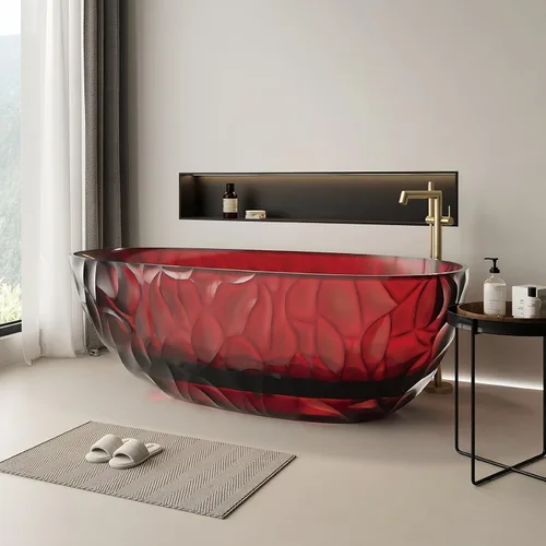 Vista 8 de Bañera independiente transparente de 67 pulgadas – Bañera de superficie sólida de diseño con textura ondulada, bañera de remojo extra profunda