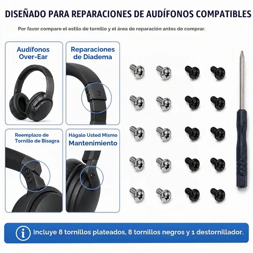 Vista 5 de Sam&Johnny - Juego de 16 tornillos de acero inoxidable para Beats Studio Pro, Studio 3, Studio 2, Studio 1.0 Kit de reparación de diadema, 8 negros