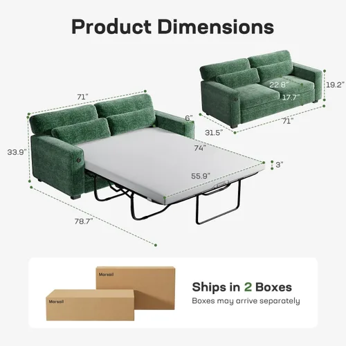 Vista 3 de Marsail Sofá cama extraíble, sofá cama tamaño Queen con colchón de espuma viscoelástica, sofá cama convertible 2 en 1 de felpilla con 2 fundas