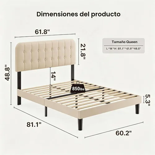 Vista 6 de Gizoon Base de cama Queen con cabecero, cama de plataforma tapizada con listones de madera resistentes, sin ruido, no necesita somier, fácil