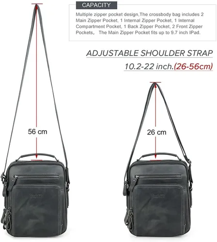 Vista 8 de Contacts Bolso bandolera pequeño de cuero para hombre, bolso cruzado de viaje de negocios, bolso de hombro para iPad de hasta 9.7 pulgadas (gris)