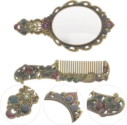 Vista 4 de Beaupretty Juego de peine de espejo antiguo, 1 juego de espejo de maquillaje de mano de metal vintage con un peine en relieve, pavo real a mano