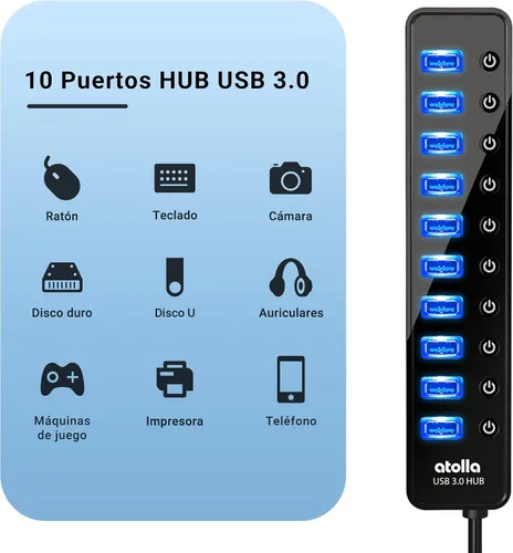 Vista 2 de Concentrador USB 3.0 alimentado, divisor de concentrador de datos USB de 10 puertos con interruptores individuales de encendido/apagado y adaptador