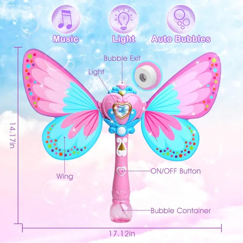 Vista 3 de Sitodier Máquina de burbujas para niños, soplador de burbujas de mariposa para niños pequeños, más de 1000 burbujas por minuto, juguetes para soplar