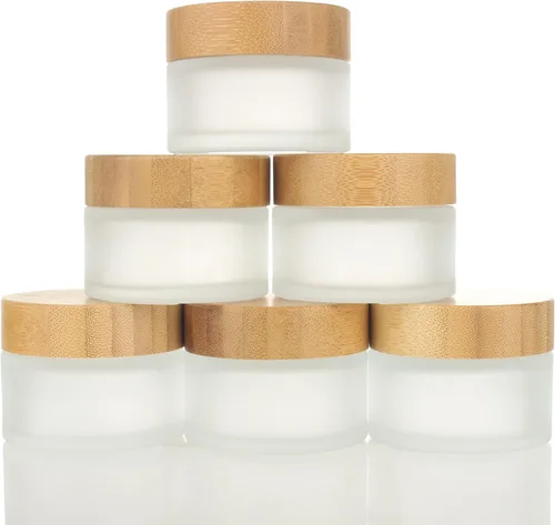 Vista 14 de COSIDEA 18 frascos vacíos de vidrio transparente redondos de 1.7 onzas fluidas con tapas de bambú, tarro de crema de madera, recipientes de viaje