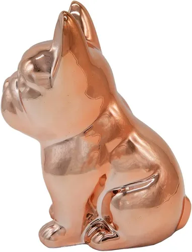 Vista 2 de Estatua de bulldog francés, estatua metálica de cerámica sentada en oro rosa, escultura decorativa para perro o decoración del hogar, estatua
