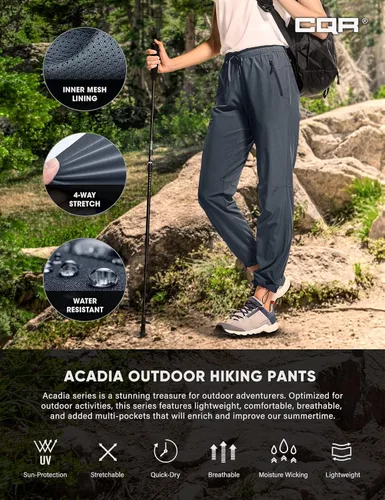 Vista 5 de CQR Pantalones de senderismo para mujer, pantalones cargo elásticos ligeros con bolsillos con cremallera, pantalones deportivos resistentes al agua