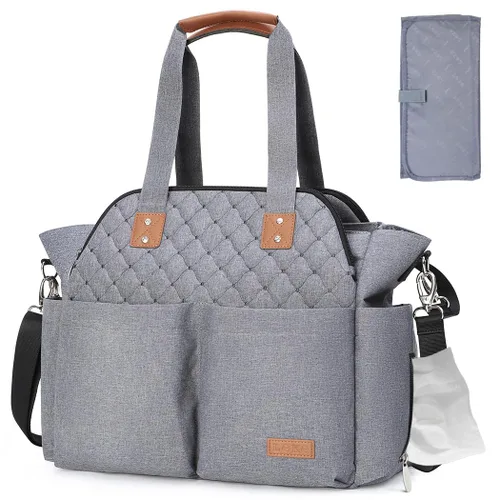 Vista 9 de Lekebaby Bolsa de pañales, 17 bolsillos, bolsa de pañales de viaje grande impermeable con cambiador portátil, bolsa de hospital cruzada para mamá