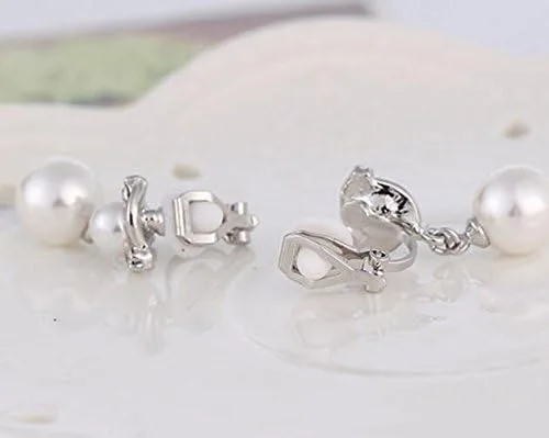 Vista 3 de Pendiente colgante con clip doble de perlas de imitación para no perforado, tono plateado para adolescentes, Plata