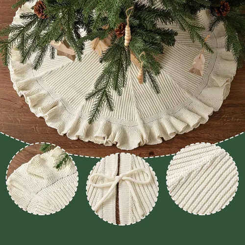 Vista 4 de Falda de árbol de Navidad de 36 pulgadas: falda de árbol de 6 pies para árbol de 6 pies, falda de árbol pequeño blanco crema con borde con volantes