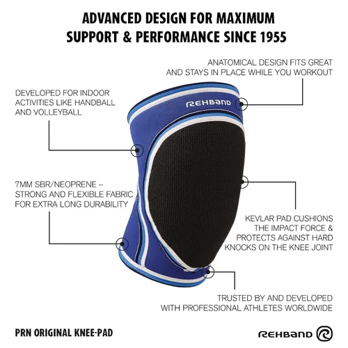 Vista 4 de Rehband Rodilleras originales, rodilleras de neopreno para voleibol y deportes de interior, rodilleras para mujeres y hombres, color: azul, 1 par