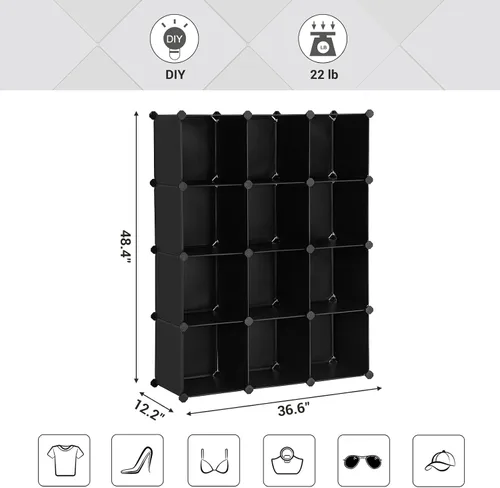 Vista 3 de SONGMICS Organizador de Almacenamiento en Cubos, Juego de 12 Cubos de Plástico, Estante para Libros, Organizadores de Armario y Almacenamiento