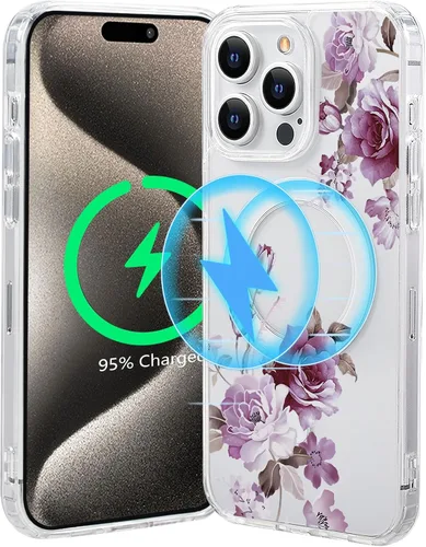 Vista 51 de Funda magnética de flores para iPhone 15 [compatible con MagSafe] Bonito patrón floral transparente a prueba de golpes