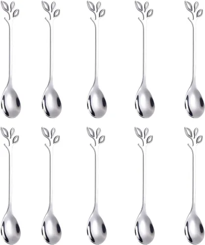 Vista 11 de AnSaw Elegantes Cucharas de Café de Hoja Negra - 10 Piezas, 4.7" Mini Cucharas de Acero Inoxidable para Espresso y Postre, Perfectas para Demitasse