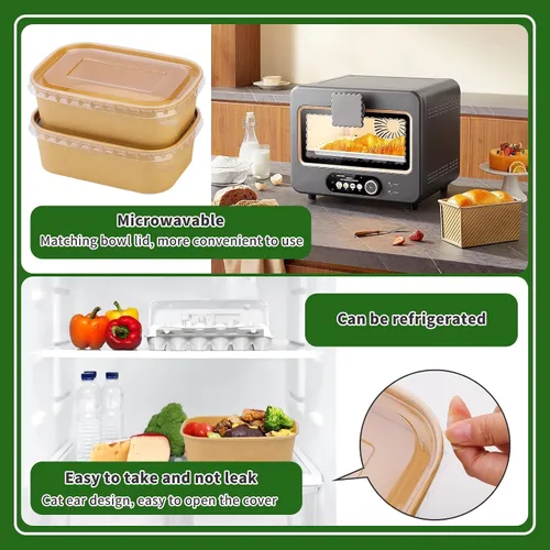 Vista 5 de Paquete de 25 cuencos de papel de 19 onzas, recipientes desechables con tapas, cuencos rectangulares desechables con tapas, cuencos de ensalada