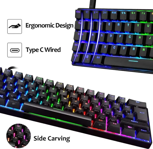 Vista 6 de Teclado mecánico para juegos y mouse ligero de panal con retroiluminación RGB arco iris, 61 teclas, ergonómico, programable, con cable, USB