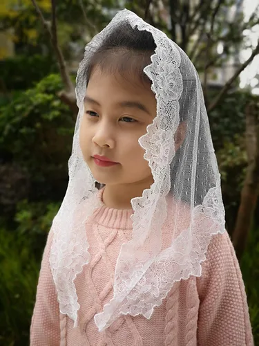 Vista 6 de Velos triangulares de mantilla para niñas de primera comunión, con encaje, misa latina