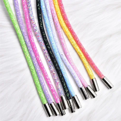 Vista 8 de Cuerda de lentejuelas de color AB suave de 54.3 in con tapón de metal plateado con purpurina pantalones deportivos cinturón sudadera con capucha