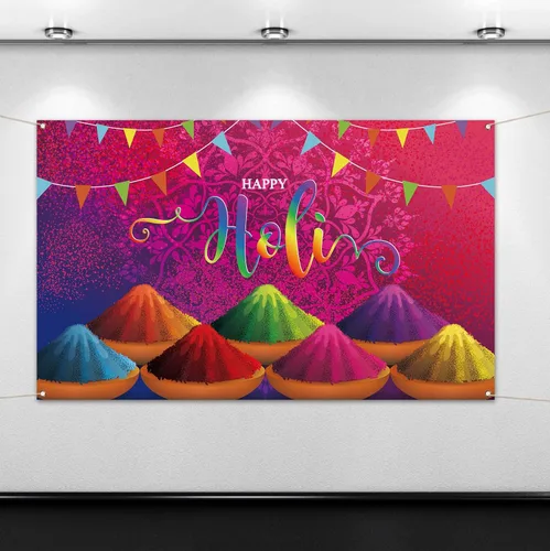 Vista 3 de Happy Holi Photo Booth telón de fondo hindú indio para interiores y exteriores, fotografía para el hogar, decoración de fondo de pared