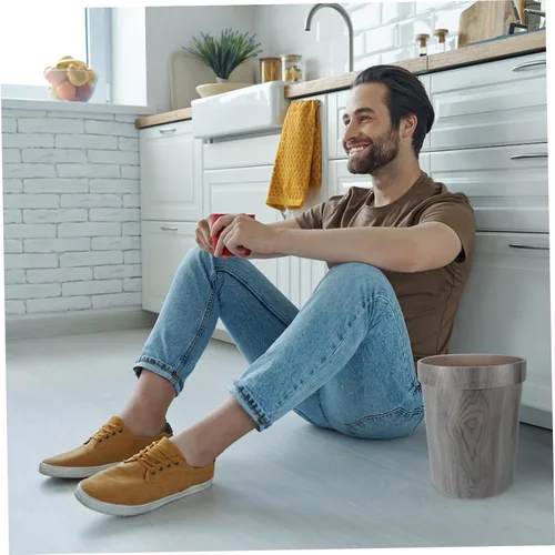 Vista 4 de ULTECHNOVO Sturdy Imitation Wood Grain Trash Can Kitchen Bathroom Waste Bin No Lid Modern Stylish Home Decor Office Accessory