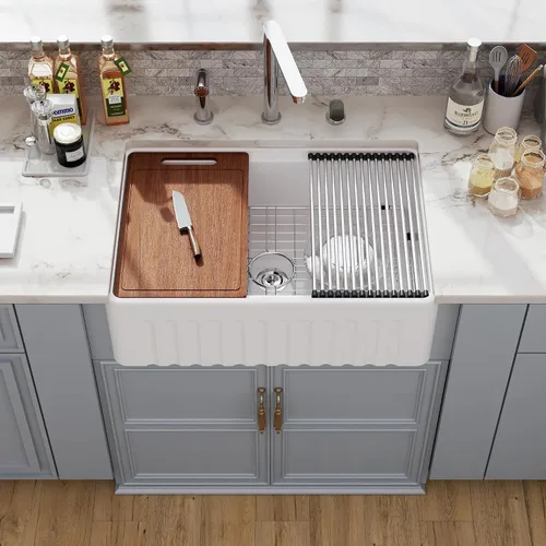 Vista 19 de Farm - Fregadero de cocina reversible con 24 unidades, color blanco, 24 x 18 pulgadas, delantal frontal de porcelana blanca, de cerámica y arcilla