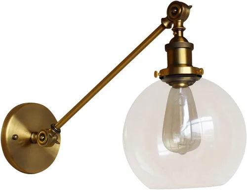 Vista 5 de Iluminación de pared industrial vintage de 1 luz con pantalla de vidrio transparente con brazo oscilante ajustable, lámpara de pared de cabecera